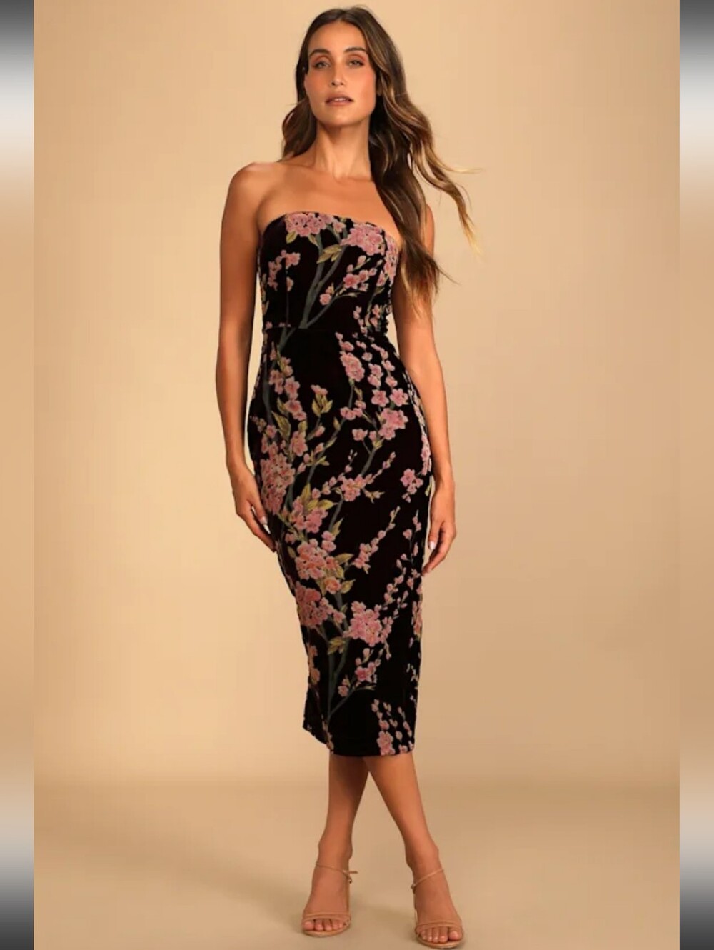 Lulus Buy You Flowers Plum Floral Print Velvet Strapless Midi Dress